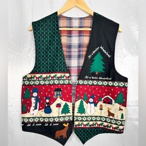 Reversible Christmas Holiday‎ Vest Size M Snowman Winter Wonderland Scene